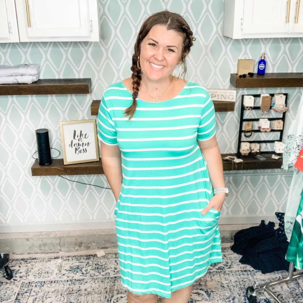 Teal stripe detail back boutique dress